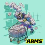  1boy aqua_background arms_(game) bandage black_sclera highres ishikawa_masaaki logo long_arms male_focus master_mummy_(arms) monster_boy mummy official_art purple_skin red_eyes shopping_cart simple_background solo wrestling_outfit 