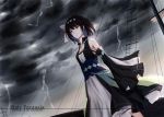  1girl black_hair bow clouds cloudy_sky collarbone green_eyes hair_bow jewelry lightning looking_away necklace original pixiv_fantasia_revenge_of_the_darkness ship short_hair sky solo storm watercraft white_bow xing_muhen 