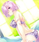  1girl amami_mikihiro ass bare_shoulders blush bra breasts butt_crack fate/grand_order fate_(series) hair_over_one_eye lavender_hair panties shielder_(fate/grand_order) solo underwear violet_eyes window 