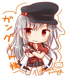  1girl belt black_gloves breasts chibi flat_cap gangut_(kantai_collection) gloves grey_hair hat highres jacket kantai_collection large_breasts long_hair long_sleeves looking_at_viewer military military_hat military_jacket military_uniform miniskirt mochimako red_eyes red_shirt remodel_(kantai_collection) russian shirt skirt smile solo uniform 