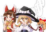  &gt;_&lt; 3girls benikurage black_hat blonde_hair blue_bow blush bow breasts brown_eyes brown_hair brown_scarf cleavage cookie_(touhou) fang hair_bow hair_tubes hakurei_reimu hat highres holding horns ibuki_suika kirisame_marisa large_breasts long_sleeves looking_at_another looking_away mars_(cookie) multiple_girls orange_hair pai_kebon_baa parted_lips red_bow short_hair sweat thought_bubble touhou translation_request witch_hat 