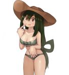  1girl absurdres asui_tsuyu bikini black_eyes blush boku_no_hero_academia breasts cleavage closed_mouth collarbone finger_to_face front-tie_bikini green_hair highres index_finger_raised large_breasts long_hair looking_at_viewer smile solo sookmo swimsuit tongue tongue_out 