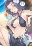  1boy 1girl 2017 aarong abs admiral_(kantai_collection) armpits artist_name asdj beach bikini breasts brown_eyes collarbone covered_nipples criss-cross_halter drinking_straw eyes_visible_through_hair flower gloves hair_flower hair_intakes hair_ornament halterneck highres kantai_collection large_breasts lips looking_at_viewer navel open_mouth purple_bikini purple_hair short_hair sitting swimsuit tatsuta_(kantai_collection) white_gloves 