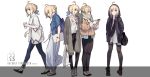  5girls :&gt; ahoge bag bangs black-framed_eyewear blonde_hair blue_eyes blue_ribbon braid cardigan cellphone character_name clothes_writing coffee_cup covering_mouth cup denim fate/stay_night fate_(series) flats french_braid glasses hair_bun hair_ribbon handbag hands_in_pockets highres holding holding_cup holding_phone hood hood_up hoodie jeans multiple_girls multiple_persona open_cardigan open_clothes open_hoodie openvl pants phone profile ribbon saber sandals scarf semi-rimless_glasses shirt shoulder_bag sidelocks smartphone standing t-shirt under-rim_glasses watch watch 