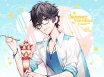  1boy black_hair english food glasses ice_cream kurusu_akira looking_at_viewer male_focus necklace persona persona_5 short_hair smile solo spoon text watch 