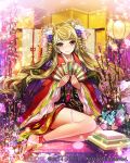  1girl anklet barefoot blonde_hair blue_eyes blush closed_mouth company_name earrings eu_(euspia) eyebrows_visible_through_hair fan flower hair_flower hair_ornament holding holding_fan japanese_clothes jewelry kimono long_hair looking_at_viewer maboroshi_juuhime sitting smile solo 