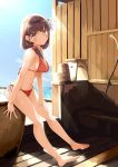  bangs bare_legs barefoot bikini blue_sky breasts brown_hair cleavage closed_mouth day eyebrows_visible_through_hair full_body hair_ornament hair_over_shoulder hair_scrunchie hand_on_own_thigh leaning_forward looking_at_viewer medium_breasts medium_hair mizoguchi_keiji navel one_side_up orange_bikini outdoors pink_eyes scrunchie side-tie_bikini sitting sky smile strap_gap swimsuit 