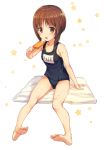  1girl bare_shoulders barefoot blush breasts brown_eyes brown_hair collarbone eating feet food girls_und_panzer highres ikomochi looking_at_viewer nishizumi_miho one-piece_swimsuit open_mouth popsicle school_swimsuit short_hair sidelocks sitting small_breasts soles solo star swimsuit toes towel wet white_background younger 