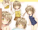 1girl :&lt; =_= ahoge blush blush_stickers brown_hair chibi collarbone commentary_request drumsticks kaneshiro_sora looking_at_viewer multiple_views niiya school_swimsuit short_hair swimsuit tenshi_no_3p! water_drop yellow_eyes