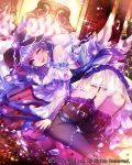  1girl black_legwear blush breasts cleavage eu_(euspia) eyebrows_visible_through_hair garter_straps large_breasts lavender_hair long_hair looking_at_viewer maboroshi_juuhime one_eye_closed smile solo thigh-highs tongue tongue_out violet_eyes wings 