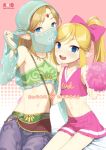  2boys alternate_costume blonde_hair blue_eyes bow cheerleader cover cover_page crossdressinging detached_sleeves doujin_cover dual_persona gerudo_link hair_bow link looking_at_viewer meimone midriff multiple_boys navel otoko_no_ko pointy_ears pom_poms ponytail skirt smile the_legend_of_zelda the_legend_of_zelda:_breath_of_the_wild the_legend_of_zelda:_tri_force_heroes toon_link veil 