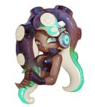  1girl aqua_eyes bare_shoulders crop_top cropped_torso dark_skin elbow_gloves et.m fingerless_gloves gloves gradient_hair green_hair green_nails headphones iida_(splatoon) long_hair makeup mascara mole mole_under_mouth multicolored_hair nail_polish octarian parted_lips sleeveless solo splatoon splatoon_2 suction_cups tentacle_hair two-tone_hair violet_eyes 