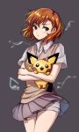  1girl :&lt; blush brown_eyes brown_hair closed_mouth crossed_arms electricity grey_skirt hair_ornament hairclip holding looking_at_viewer misaka_mikoto nyamunyamu pichu pokemon pokemon_(creature) short_hair short_sleeves skirt to_aru_kagaku_no_railgun to_aru_majutsu_no_index 