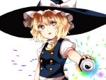  1girl :o aiming_at_viewer blonde_hair blush charging_(attack) commentary crescent crescent_moon_pin hat kirisame_marisa legacy_of_lunatic_kingdom looking_at_viewer mini-hakkero rainbow_gradient short_hair solo touhou vest witch_hat yellow_eyes yin_yang yururi_nano 