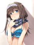  1girl bare_shoulders bikini blue_eyes breasts brown_hair cleavage hairband haruichi idolmaster idolmaster_cinderella_girls large_breasts long_hair sagisawa_fumika scarf solo swimsuit 