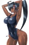  1girl ahoge arms_up black_hair black_swimsuit competition_swimsuit cowboy_shot dark_skin long_hair mimizu_(tokagex) one-piece_swimsuit original pointy_ears simple_background solo standing swimsuit violet_eyes white_background 
