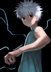  1boy bare_shoulders black_background black_hair blue_shirt commentary_request electricity holding hunter_x_hunter killua_zoldyck looking_to_the_side monochrome_background pointy_hair shirt silver_hair simple_background solo upper_body wasabi60 white_hair 