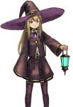 1girl bangs blonde_hair blue_eyes commentary_request cowboy_shot dot_nose hat holding_lantern lantern large_hat long_hair looking_at_viewer original puffy_sleeves purple_legwear purple_skirt purple_vest simple_background skirt smile solo thigh-highs vest wasabi60 white_background witch_hat 