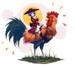  1girl adapted_costume bird boots bowl bowl_hat brown_boots chicken commentary hat japanese_clothes kimono kunochai looking_at_viewer obi pixel_art purple_hair red_eyes riding rooster sash sitting solo sukuna_shinmyoumaru touhou v white_background 