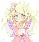  1girl :o ahoge blonde_hair blush commentary_request fairy_wings flower flower_wreath green_eyes hair_flower hair_ornament head_tilt head_wreath idolmaster idolmaster_cinderella_girls idolmaster_cinderella_girls_starlight_stage kaiware-san long_hair looking_at_viewer low_twintails navel parted_lips purple_skirt shirt short_sleeves short_twintails skirt solo spaghetti_strap twintails white_shirt wings yusa_kozue 