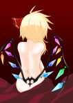  1girl back bed_sheet blonde_hair flandre_scarlet from_behind hair_over_shoulder hair_ribbon long_hair nude red red_background ribbon sitting solo tattoo touhou wings 
