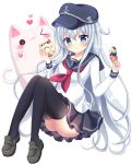 1girl bangs black_legwear black_shoes black_skirt blue_eyes blush cat closed_mouth doughnut eyebrows_visible_through_hair flat_cap food hair_between_eyes hands_up hat heart hibiki_(kantai_collection) holding holding_food ice_cream ice_cream_cone kantai_collection knees_together_feet_apart loafers long_hair long_sleeves looking_at_viewer mayo_(miyusa) parted_lips pleated_skirt school_uniform serafuku shoes silver_hair simple_background sitting skirt smile solo thigh-highs very_long_hair white_background 