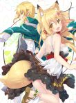  1boy 1girl ahoge animal_ears bangs black_skirt blonde_hair blush breasts camisole cheat_majutsu_de_unmei_wo_nejifuseru eyebrows_visible_through_hair flower fox_ears fox_girl fox_tail from_behind green_eyes hair_between_eyes hair_flower hair_ornament hair_ribbon jacket looking_at_viewer looking_back medium_breasts novel_illustration open_clothes open_jacket open_mouth pointy_ears profile red_ribbon ribbon sandals sidelocks skirt smile tail thighs yano_mitsuki yellow_eyes 