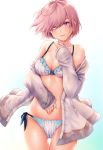  artist_name bikini blue_bikini breasts cleavage closed_mouth cowboy_shot eyebrows_visible_through_hair eyes_visible_through_hair fate/grand_order fate_(series) gradient gradient_background hair_over_one_eye highres jacket light_smile lips looking_at_viewer medium_breasts off_shoulder open_clothes open_jacket pink_hair ribbon-trimmed_bikini shielder_(fate/grand_order) short_hair side-tie_bikini simple_background sleeves_past_wrists striped striped_bikini swimsuit thigh_gap twitter_username vertical-striped_bikini vertical_stripes violet_eyes yumari_nakura 