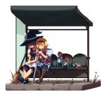  2girls alice_margatroid apron black_hat black_legwear black_shoes black_skirt blonde_hair blue_skirt boots bow broom brown_boots bus_stop capelet doll hair_bow hairband hat hat_bow hourai_doll kirisame_marisa kunochai multiple_girls pixel_art red_bow shanghai_doll shoes sitting skirt touhou vest waist_apron white_background white_bow witch_hat 