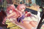  2girls absurdres aqua_eyes artist_request ass benghuai_xueyuan blush closed_eyes highres japanese_clothes lamp looking_at_viewer lying multiple_girls on_back on_bed on_stomach pink_hair siblings sisters smile tatami vase yae_rin yae_sakura_(benghuai_xueyuan) 