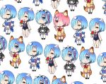  :o animal_ears ayami_(annahibi) blue_eyes blue_hair cat_ears closed_eyes commentary_request food fox_ears fox_shadow_puppet fox_tail hair_over_one_eye japanese_clothes kimono looking_at_viewer maid multiple_views one_eye_covered oni_horns paperclip pink_eyes pink_hair popsicle ram_(re:zero) re:zero_kara_hajimeru_isekai_seikatsu rem_(re:zero) short_hair simple_background smile swimsuit tail watermelon_bar white_background 