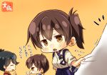  3girls ^_^ ^o^ admiral_(kantai_collection) artist_name black_hair blue_hakama brown_eyes brown_hair closed_eyes commentary dual_persona hair_between_eyes hakama houshou_(kantai_collection) japanese_clothes kaga_(kantai_collection) kantai_collection motion_lines multiple_girls open_mouth orange_background ponytail short_hair side_ponytail simple_background smile taisa_(kari) tasuki translation_request 