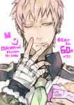  1boy artist_name bandage bandaged_hands blonde_hair bridge_piercing copyright_name countdown dramatical_murder ear_piercing earrings eyebrow_piercing finger_to_mouth fingerless_gloves food food_on_face gloves green_eyes jewelry licking licking_lips lip_piercing male_focus nitro+_chiral noiz_(dramatical_murder) one_eye_closed piercing simple_background solo tongue tongue_out usagimodoki white_background yamada_uiro 