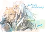  2boys animal_ears anniversary blue_eyes brown_hair cat_ears catboy eyepatch konoe lamento long_hair looking_at_another looking_at_viewer male_focus multiple_boys nitro+_chiral popped_collar rai_(lamento) signature silver_hair simple_background white_background yamada_uiro yellow_eyes 