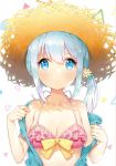  1girl :o alternate_hairstyle artist_name ayami_(annahibi) bikini bikini_top blue_eyes blush bow_bikini breasts cleavage closed_mouth collarbone eromanga_sensei expressionless flower frilled_bikini frills front-tie_bikini front-tie_top hair_flower hair_ornament halterneck hat heart izumi_sagiri looking_at_viewer medium_breasts off_shoulder open_clothes parted_lips pink_bikini_top side_ponytail silver_hair simple_background solo straw_hat swimsuit tareme upper_body 