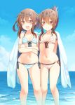  2girls :d arms_behind_back bikini blue_bikini blue_sky breasts brown_eyes brown_hair closed_mouth crossed_arms day fang front-tie_bikini front-tie_top hair_between_eyes hair_ornament hairclip highres horizon ikazuchi_(kantai_collection) inazuma_(kantai_collection) kantai_collection matsunoki_(unknown_751) multiple_girls navel open_mouth outdoors pink_bikini short_hair side-tie_bikini sidelocks sky small_breasts smile striped striped_bikini swimsuit tied_hair towel towel_around_neck 