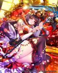  1girl black_hair black_legwear blush breasts cleavage closed_mouth company_name eu_(euspia) eyebrows_visible_through_hair flower green_eyes hair_flower hair_ornament heart holding holding_staff large_breasts looking_at_viewer lying maboroshi_juuhime on_side solo staff thigh-highs 