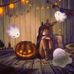  animal_ears black_gloves boots brown_boots brown_hair ghost gloves halloween hood hood_up hoodie jack-o&#039;-lantern kouka_(mrakano5456) original pumpkin rabbit_ears sitting sketch 