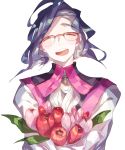  1boy :d ahoge black_hair bouquet closed_eyes facing_viewer flower glasses lemming_no_suana malamar male_focus open_mouth personification pokemon red-framed_eyewear smile solo tulip upper_body 