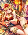  1girl blonde_hair blush bracelet breasts candle cleavage closed_mouth company_name earrings eu_(euspia) eyebrows_visible_through_hair flower hair_flower hair_ornament jewelry large_breasts long_hair looking_at_viewer lying maboroshi_juuhime navel on_side red_eyes smile solo tongue tongue_out 