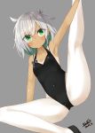  1girl ballet blush breasts cleavage closed_mouth collarbone dated eyebrows_visible_through_hair green_eyes kavka leotard looking_at_viewer original short_hair signature silver_hair small_breasts smile solo tan tanline 