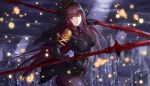  1girl absurdres asato_(fadeless) bodysuit breasts city dual_wielding fate/grand_order fate_(series) gae_bolg highres holding holding_spear holding_weapon long_hair looking_at_viewer parted_lips pauldrons polearm purple_hair red_eyes scathach_(fate/grand_order) solo spear veil weapon 