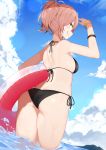  1girl :q absurdres arm_up ass bikini black_bikini blue_sky bracelet breasts butt_crack clouds cloudy_sky cole day dutch_angle fisheye hair_between_eyes halterneck highres idolmaster idolmaster_cinderella_girls innertube jewelry jougasaki_mika outdoors pink_hair ponytail profile shoulder_blades side-tie_bikini sky small_breasts solo standing swimsuit tongue tongue_out wading wet yellow_eyes 