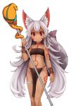  1girl 3.14 animal_ears bandeau bangs bare_shoulders breasts collarbone copyright_request dark_skin grey_hair holding holding_staff legs_together loincloth long_hair midriff nail_polish navel pelvic_curtain pink_nails red_eyes sidelocks simple_background small_breasts solo staff tail thick_eyebrows thighs very_long_hair white_background 