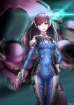  1girl absurdres animal_print bangs bodysuit breasts brown_eyes brown_hair bunny_print covered_navel d.va_(overwatch) dms facepaint facial_mark gloves gun hand_on_hip headphones high_collar highres long_hair looking_at_viewer mecha open_mouth overwatch pauldrons pilot_suit shiny smile swept_bangs weapon whisker_markings 