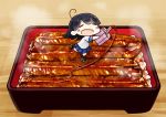  1girl ahoge black_hair cannon chibi commentary_request food grilled_eel hinata_yuu kantai_collection kneehighs long_hair pleated_skirt rice sauce school_uniform serafuku shoes skirt smile solo ushio_(kantai_collection) 