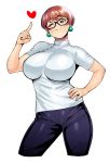  1girl black-framed_eyewear black_eyes breasts brown_hair earrings glasses hand_on_hip heart highres jewelry large_breasts looking_at_viewer one_eye_closed pointing pointing_up raised_eyebrows short_hair simple_background solo synecdoche thighs white_background 