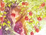  2girls animal_ears apple apple_tree artist_name black_hair blush braid brown_eyes brown_hair closed_eyes covered_mouth dappled_sunlight day face-to-face floral_print food fox_ears fringe from_side fruit gouhou_yuri_fuufu_hon holding holding_fruit itou_hachi japanese_clothes kimono long_hair looking_at_another low_ponytail multiple_girls petals red_scarf scarf shawl sunlight tree upper_body yuri 