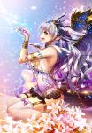  1girl blue_eyes bow breasts eu_(euspia) eyebrows_visible_through_hair fang from_side garter_belt kneeling long_hair looking_away medium_breasts open_mouth original pointy_ears purple_bow sideboob silver_hair solo thigh-highs white_legwear wings 