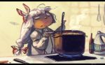  1girl bleach_(chemical) bow commentary cooking food fujiwara_no_mokou hair_bow kitchen koto_inari long_hair ofuda pot ribbon shirt solo soup steam stove suspenders touhou white_hair 